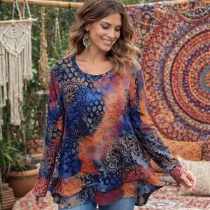 Cativa Mixed Media Funky Print Rayon Blend Tunic Top Colorful Boho Artsy